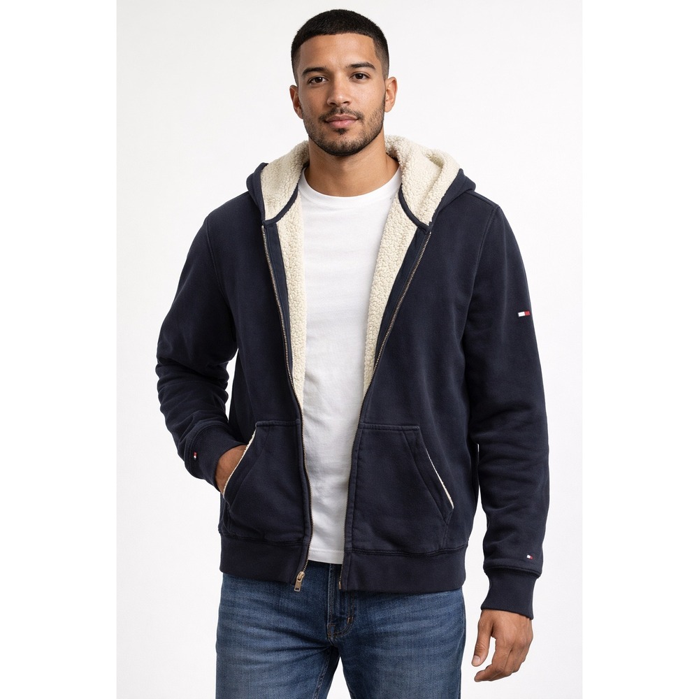 Vintage Tommy Hilfiger Mens Sherpa-Lined Hoodie Full Zip Navy Blue Large